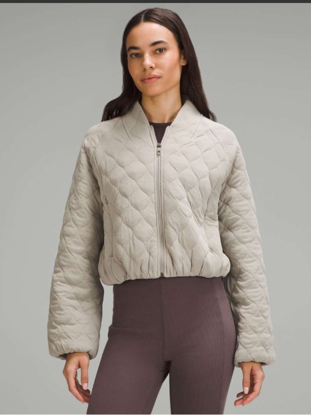 Lululemon Quilted Bomber Jacket in Riverstone Size 6 Soft Cotton Sporty